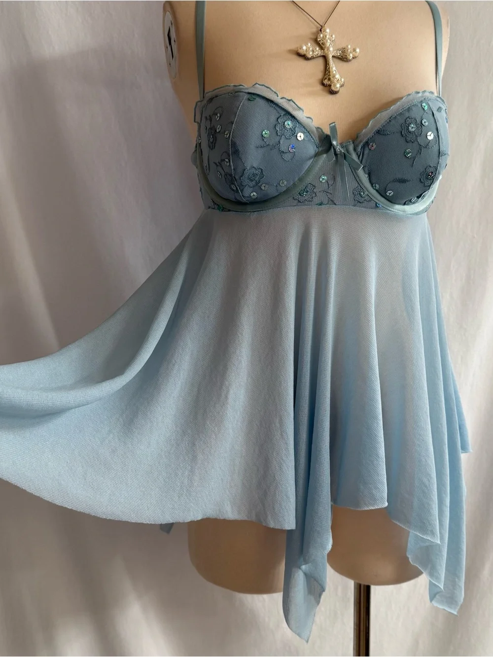 Light Blue Sheer Embroidered Babydoll Chemise